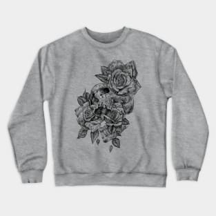 black and white ink line drawing skull and roses 2 Crewneck Sweatshirt